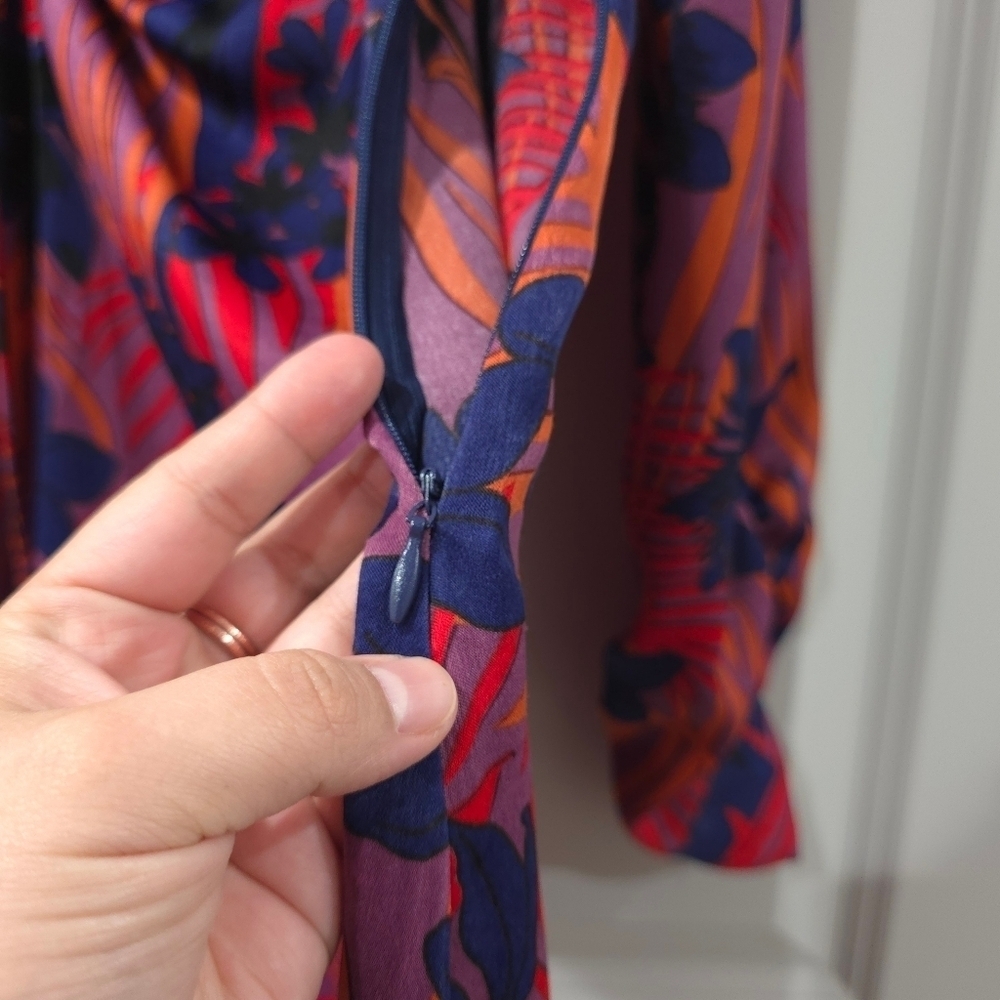 ZARA Vibrant Floral Long Sleeve Mini Dress, Ruched Sleeves, Tie Vneck Front, M - Picture 7 of 15